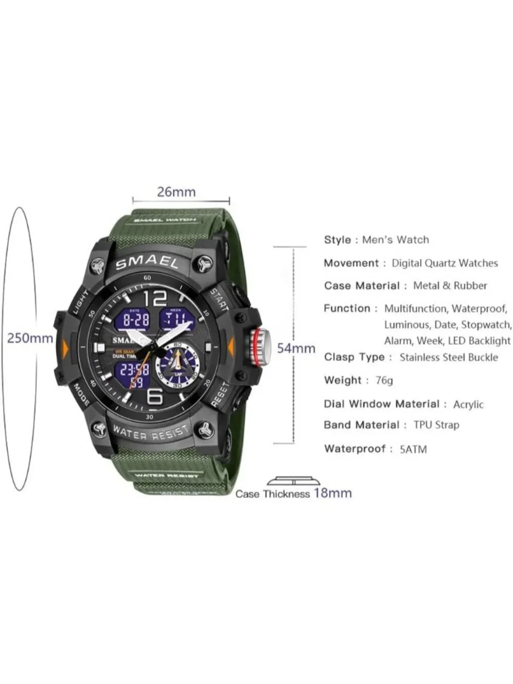 Men Army Green Analog Quartz S-Shock Waterproof Outdoor Sports LED Digital Watch